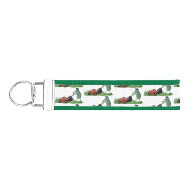Funny green frog mowing lawn cartoon wrist keychain (Keys on Left)