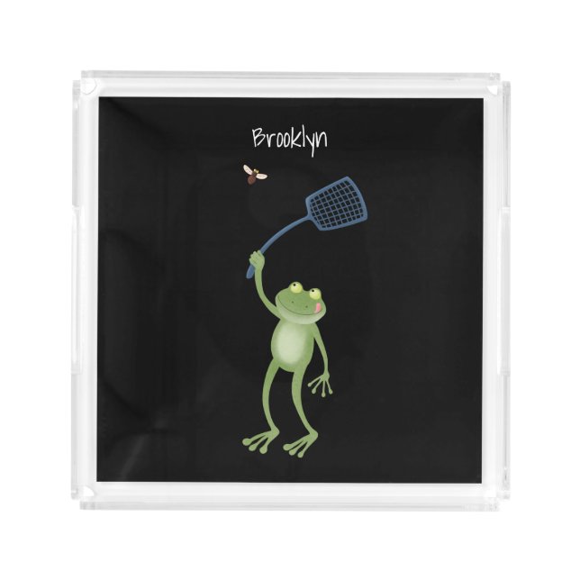 Funny green frog swatting fly cartoon acrylic tray (Front)