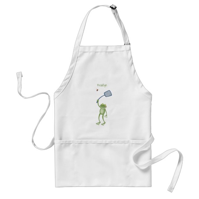 Funny green frog swatting fly cartoon adult apron (Front)