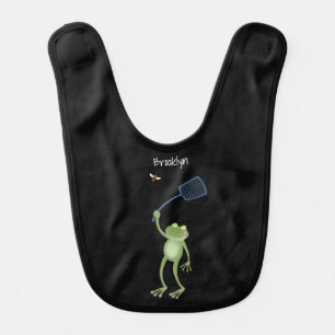 Funny green frog swatting fly cartoon baby bib
