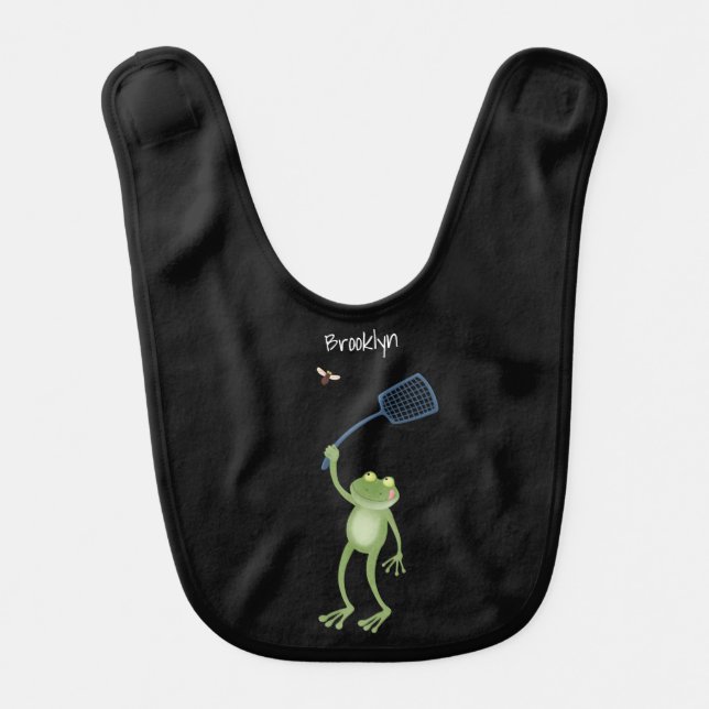 Funny green frog swatting fly cartoon  baby bib (Front)