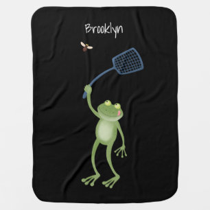 Funny green frog swatting fly cartoon baby blanket