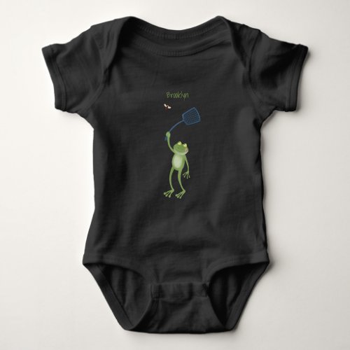 Funny green frog swatting fly cartoon baby bodysuit