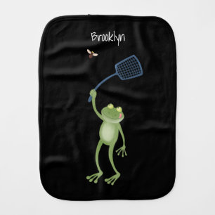 Funny green frog swatting fly cartoon baby burp cloth