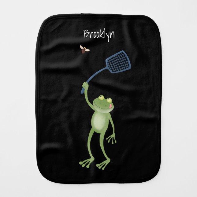 Funny green frog swatting fly cartoon  baby burp cloth (Front)