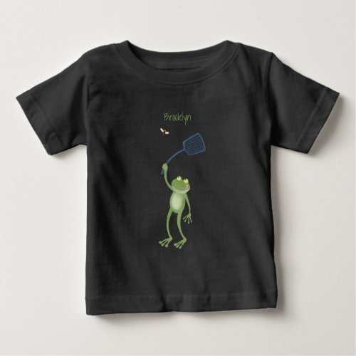Funny green frog swatting fly cartoon baby T_Shirt
