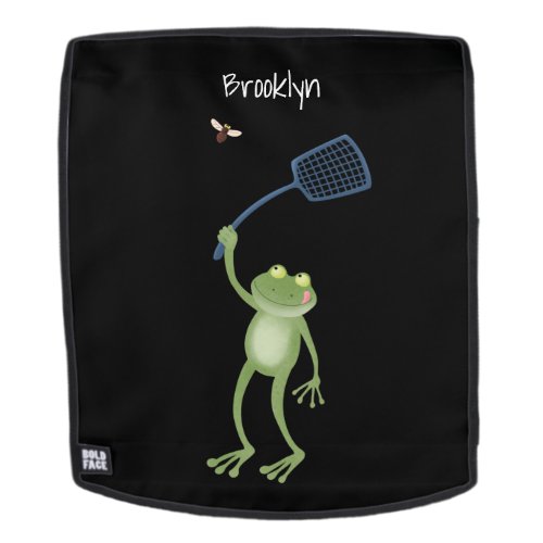 Funny green frog swatting fly cartoon backpack