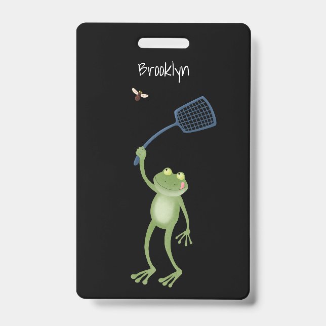 Funny green frog swatting fly cartoon  badge (Front)