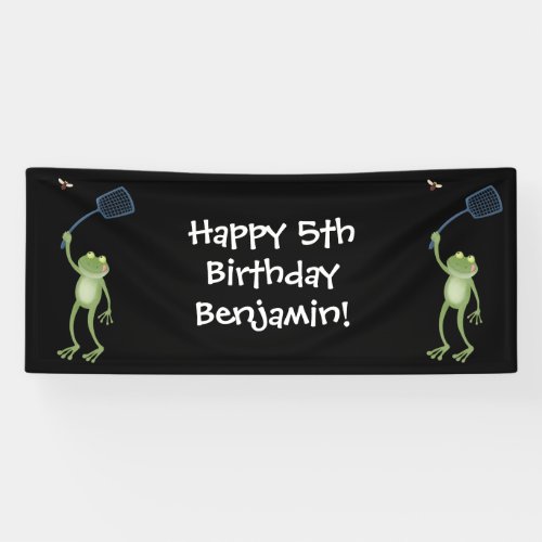 Funny green frog swatting fly cartoon  banner