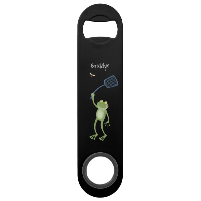 Funny green frog swatting fly cartoon bar key (Front)