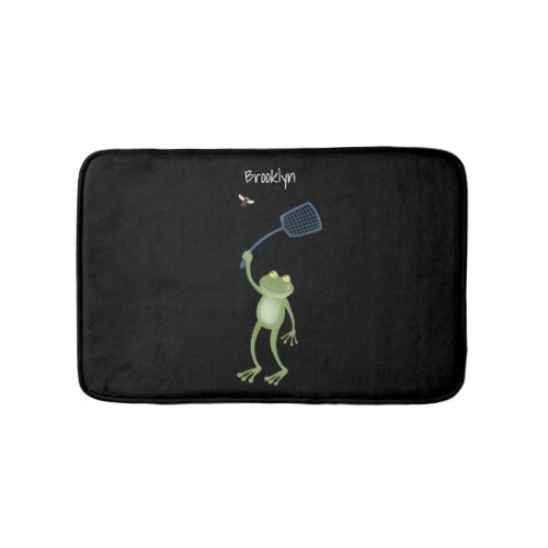 Funny green frog swatting fly cartoon bath mat