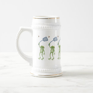 Funny green frog swatting fly cartoon  beer stein