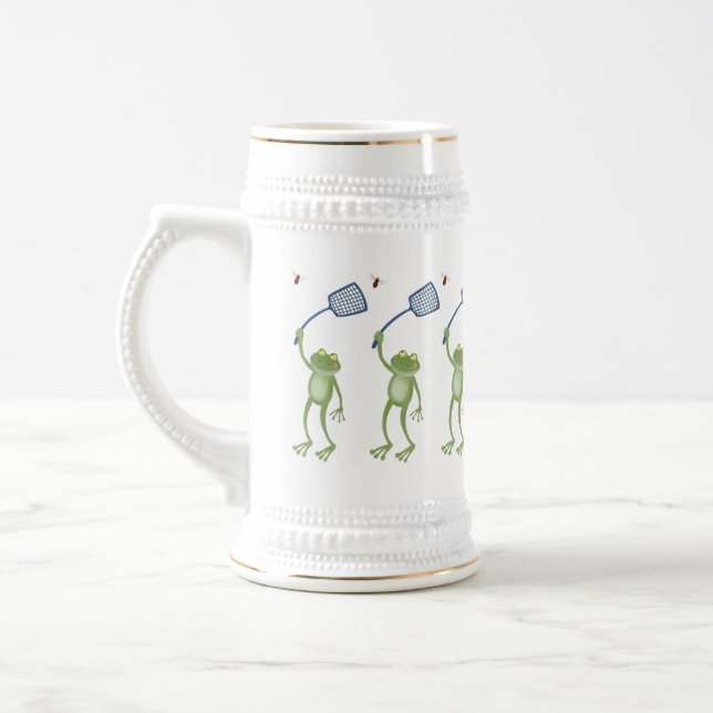 Funny green frog swatting fly cartoon  beer stein (Left)