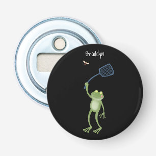 Funny green frog swatting fly cartoon bottle opener