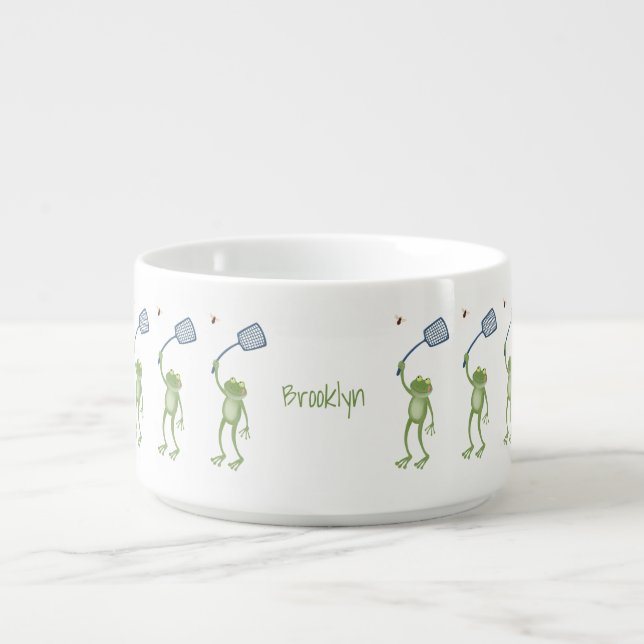 Funny green frog swatting fly cartoon  bowl (Center)