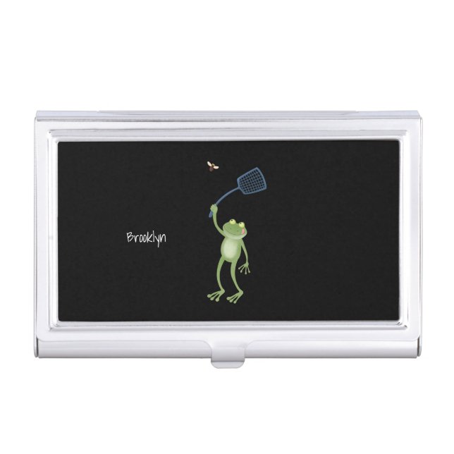Funny green frog swatting fly cartoon business card case (Front)