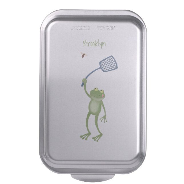 Funny green frog swatting fly cartoon  cake pan (Front Vertical)