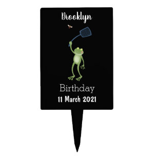 Funny green frog swatting fly cartoon cake topper