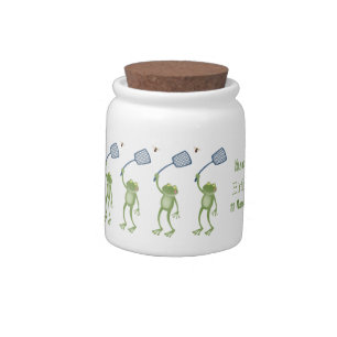 Funny green frog swatting fly cartoon candy jar