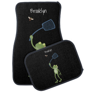 Funny green frog swatting fly cartoon  car floor mat