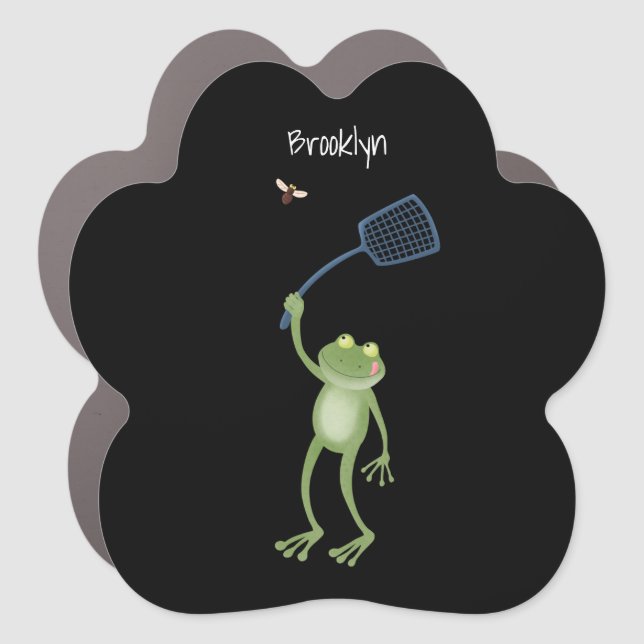 Funny green frog swatting fly cartoon  car magnet (Front)