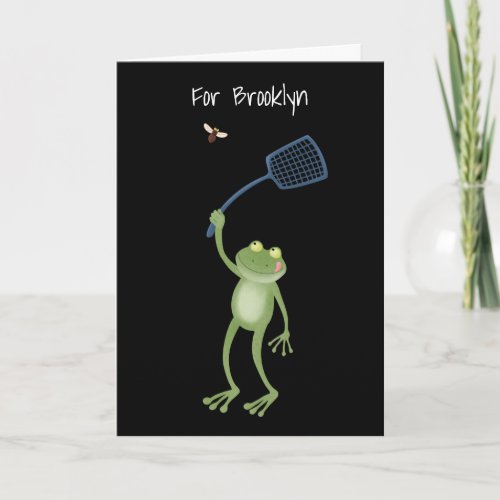 Funny green frog swatting fly cartoon card