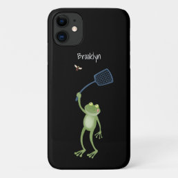Funny green frog swatting fly cartoon  iPhone 11 case