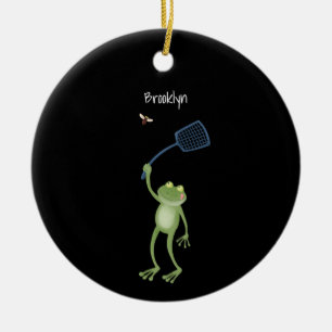 Funny green frog swatting fly cartoon ceramic ornament