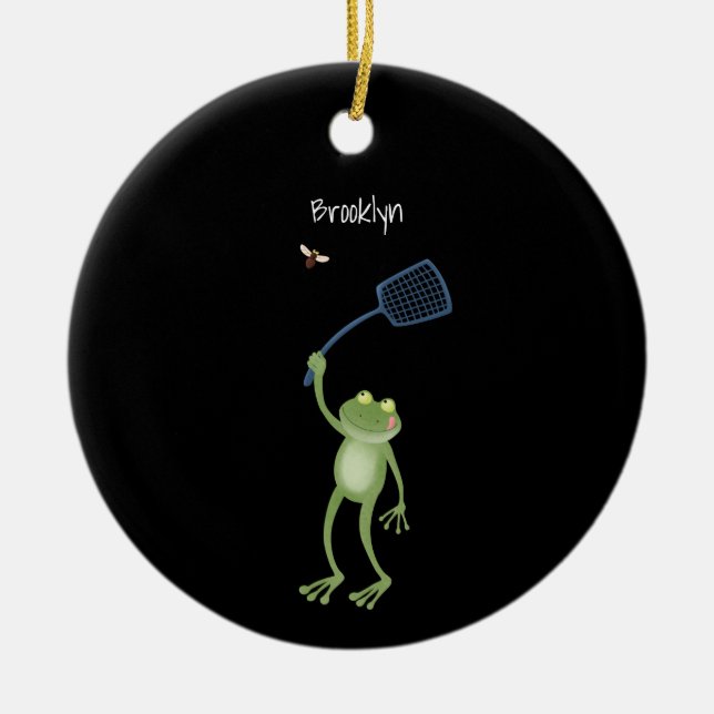 Funny green frog swatting fly cartoon  ceramic ornament (Front)
