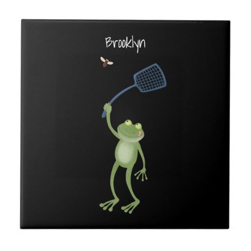 Funny green frog swatting fly cartoon  ceramic tile