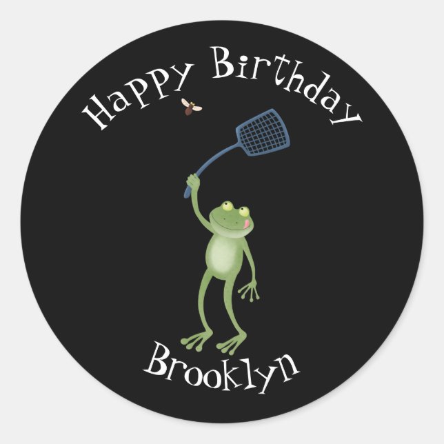 Funny green frog swatting fly cartoon   classic ro round sticker (Front)