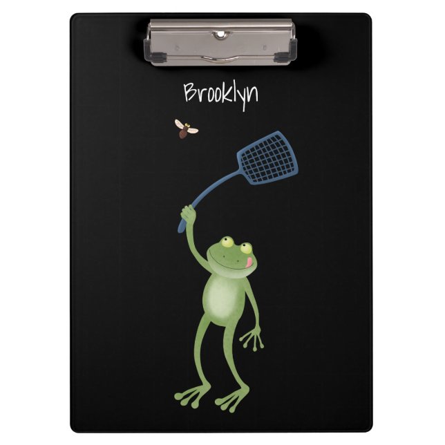 Funny green frog swatting fly cartoon clipboard (Front)