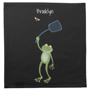 Funny green frog swatting fly cartoon cloth napkin