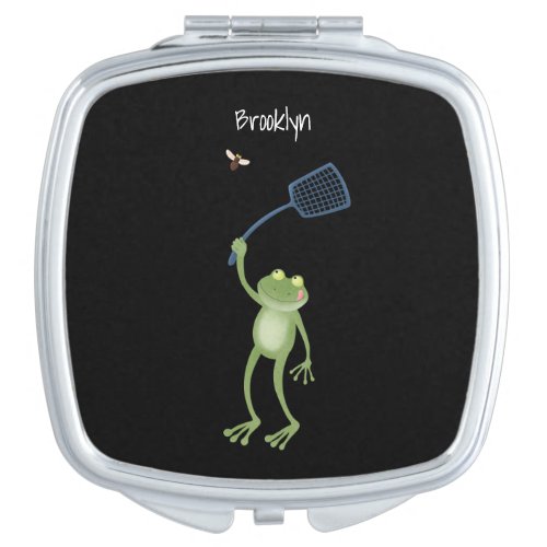 Funny green frog swatting fly cartoon compact mirror