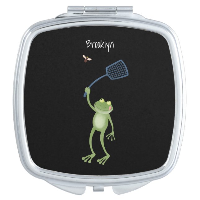 Funny green frog swatting fly cartoon compact mirror (Front)