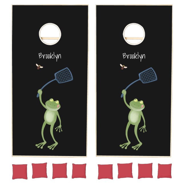 Funny green frog swatting fly cartoon cornhole set (Set)