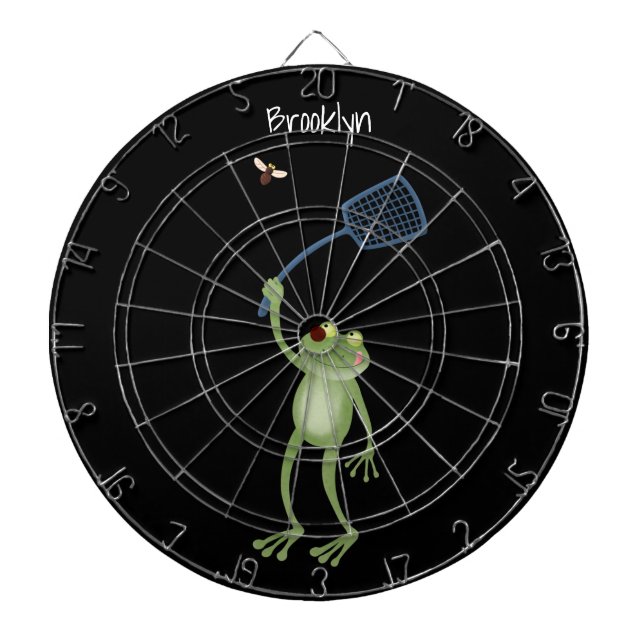 Funny green frog swatting fly cartoon dart board (Front)