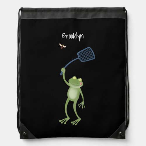 Funny green frog swatting fly cartoon drawstring bag