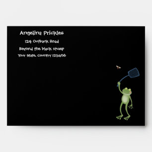 Funny green frog swatting fly cartoon envelope