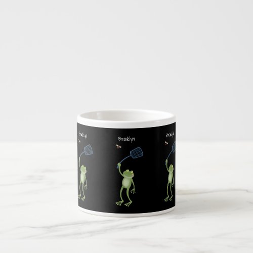 Funny green frog swatting fly cartoon  espresso cup