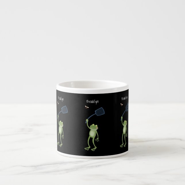 Funny green frog swatting fly cartoon  espresso cup (Front)