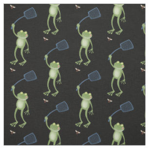 Funny green frog swatting fly cartoon  fabric