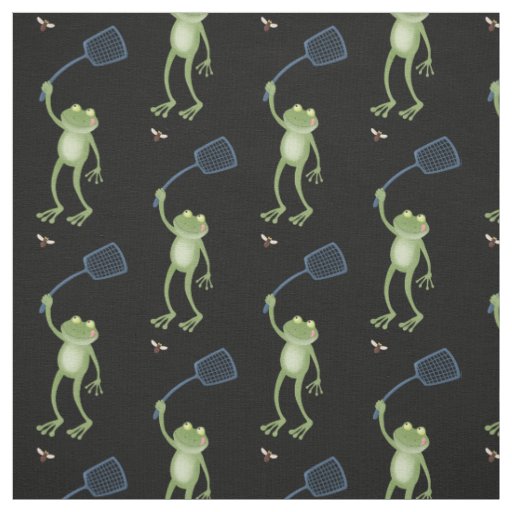 Funny green frog swatting fly cartoon  fabric