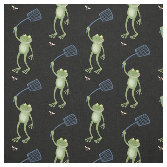 Funny green frog swatting fly cartoon  fabric (Swatch)