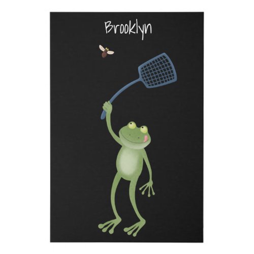 Funny green frog swatting fly cartoon faux canvas print