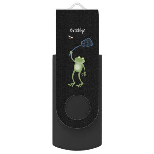 Funny green frog swatting fly cartoon  flash drive