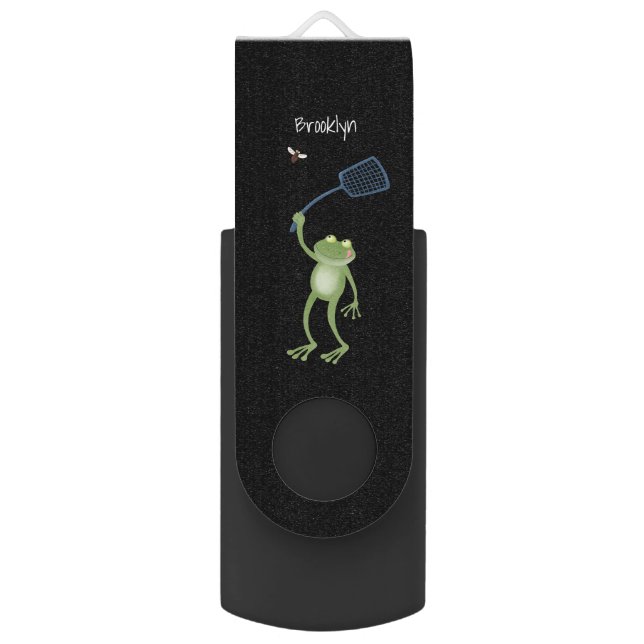 Funny green frog swatting fly cartoon  flash drive (Front Vertical)