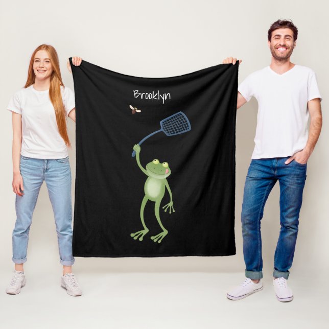 Funny green frog swatting fly cartoon  fleece blanket (In Situ)