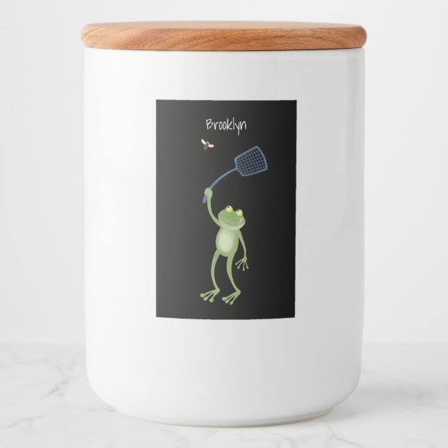 Funny green frog swatting fly cartoon  food label (Front)