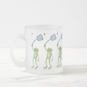 Funny green frog swatting fly cartoon  frosted glass coffee mug